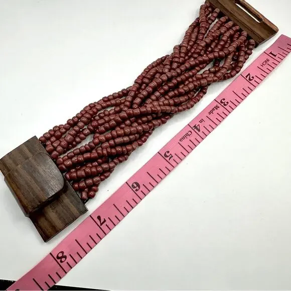 Bali Maroon Brown 14 Strand Bead Bracelet Wood Clasp Hard Wood Boho Casual - Picture 6 of 13